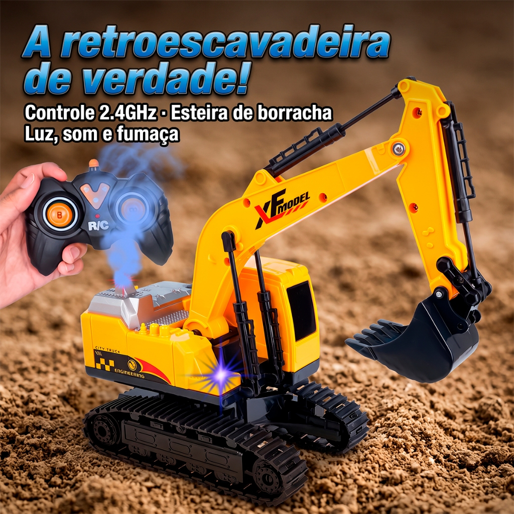Escavadeira infantil com efeitos de som e fumaça
