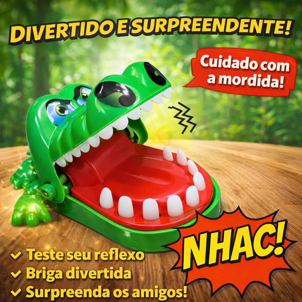 Criança brincando com jogo do jacaré morde dedo
