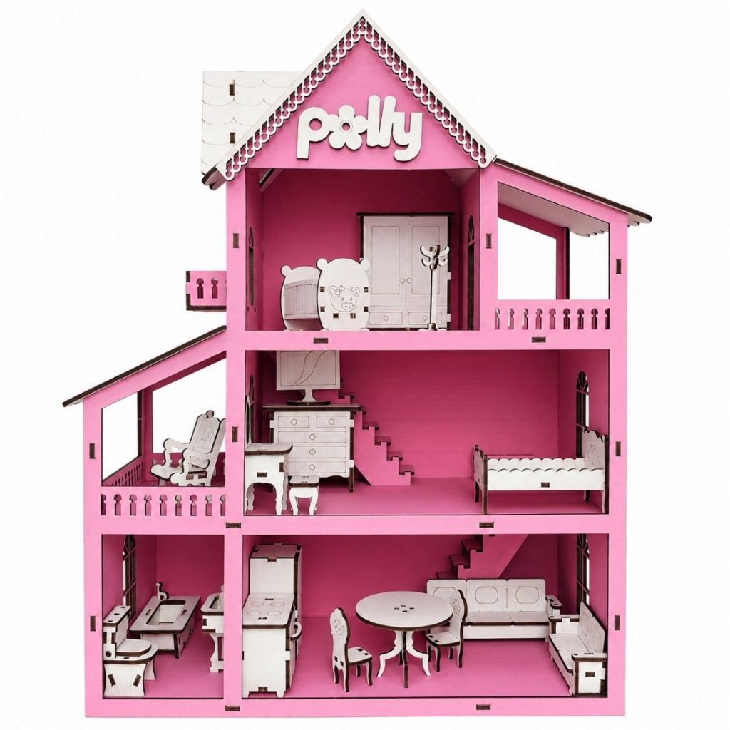 Casinha de boneca infantil em MDF com móveis e parquinho