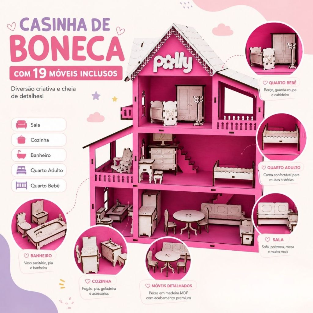 Detalhes dos ambientes da casinha de boneca