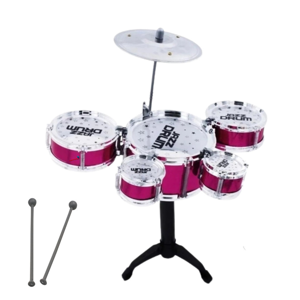 Mini bateria musical infantil vermelha com baquetas