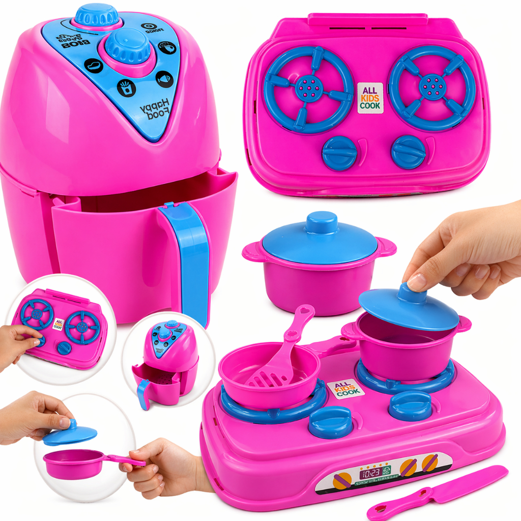 Kit cozinha infantil com fogão airfryer panelinhas e jogo de jantar