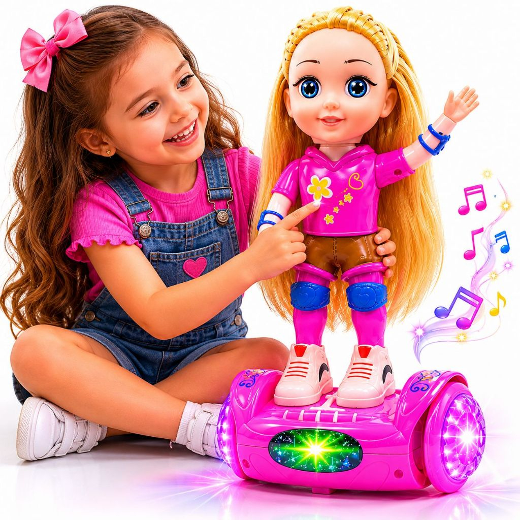 Boneca eletrônica giratória andadora com luzes música e sons
