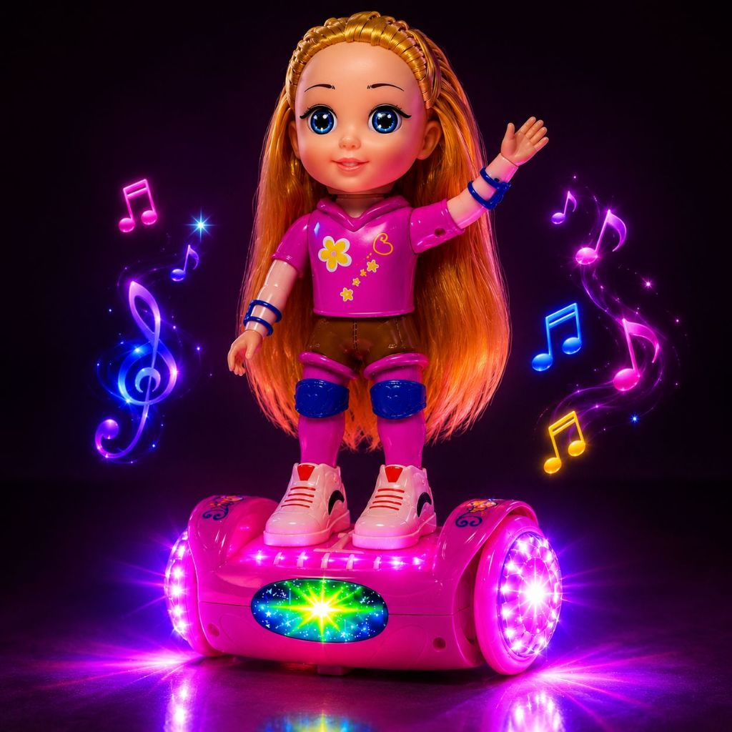 Detalhes da boneca giratória com luzes e sons