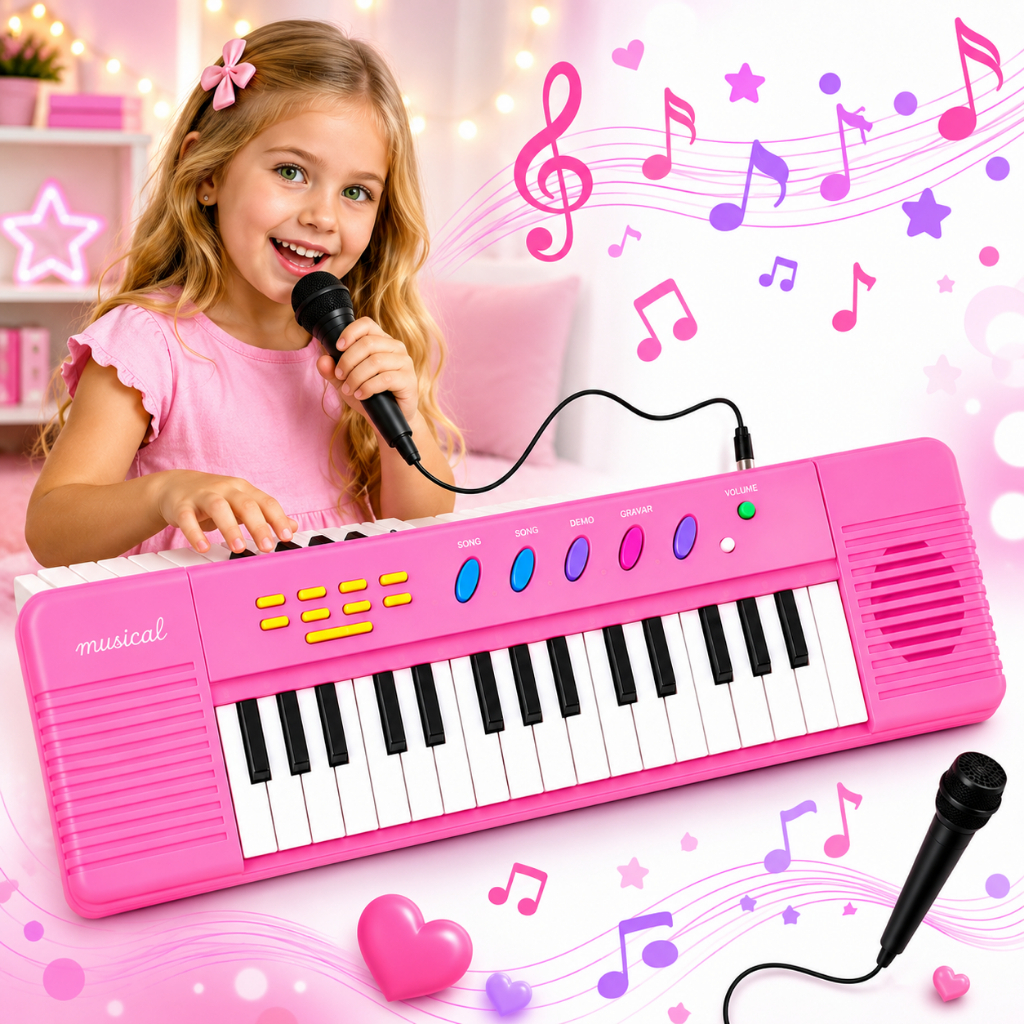 Piano teclado infantil musical com microfone