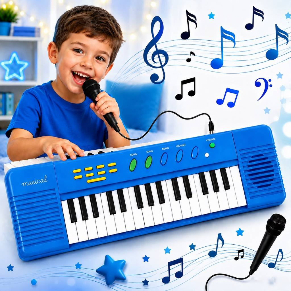 Piano teclado infantil com microfone para cantar