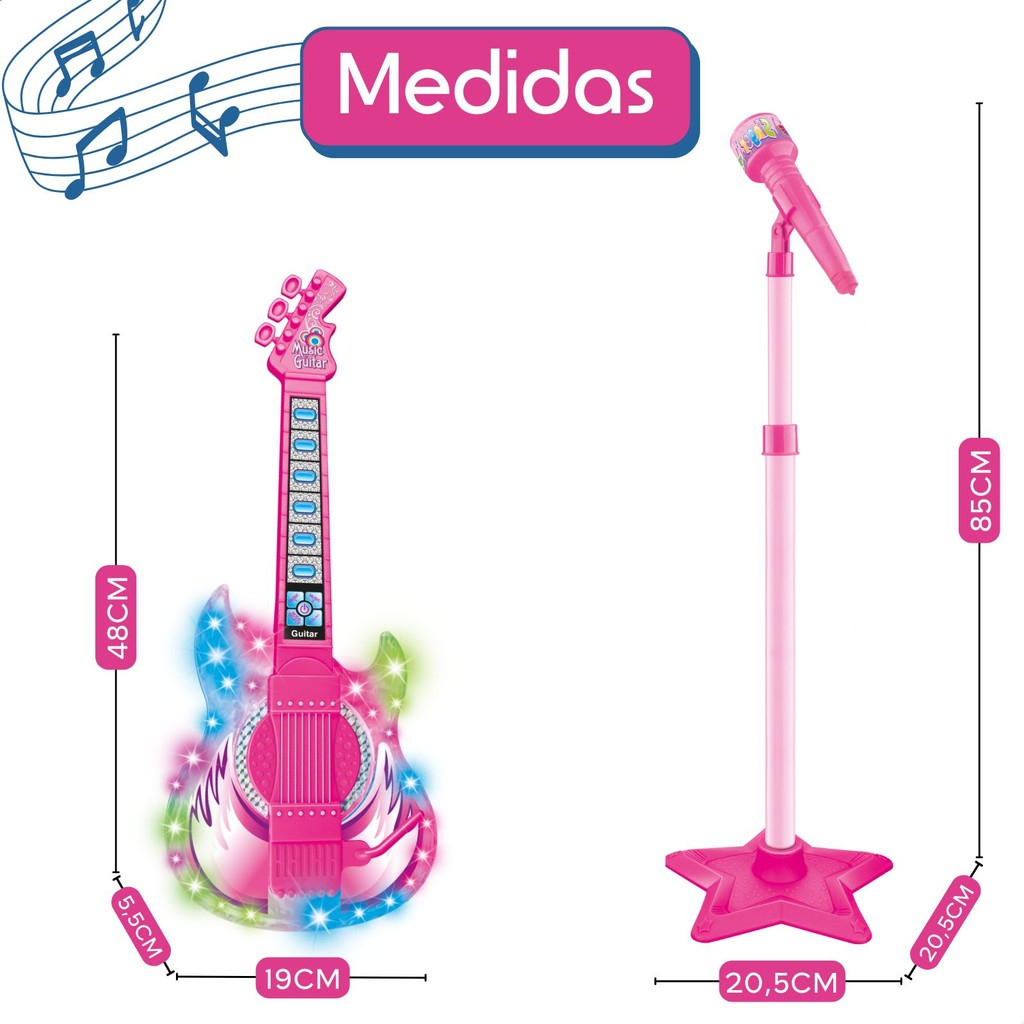 Detalhes da guitarra infantil com microfone