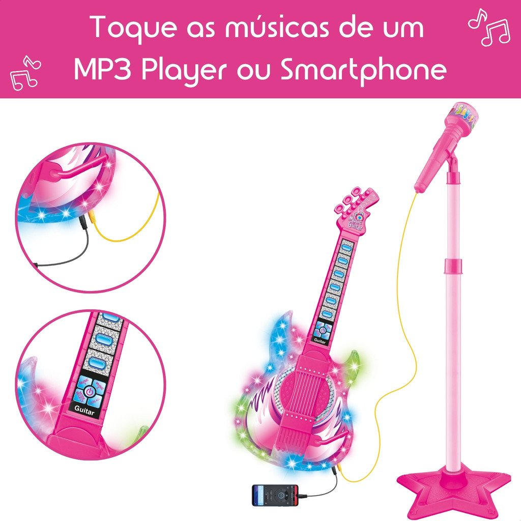 Detalhes do conjunto guitarra e microfone infantil