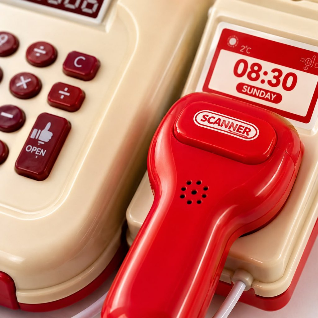 Detalhes da caixa registradora infantil de mercadinho