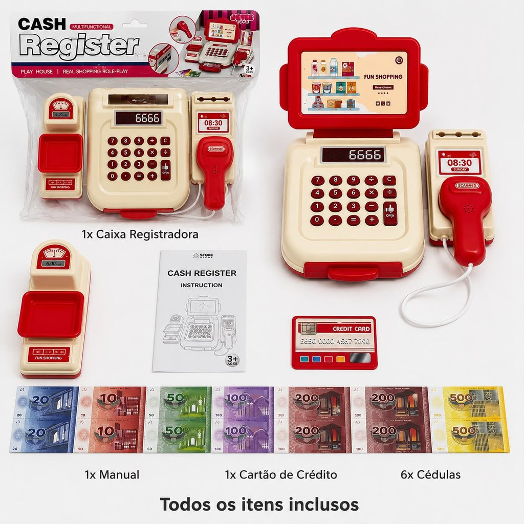 Brinquedo caixa registradora com scanner