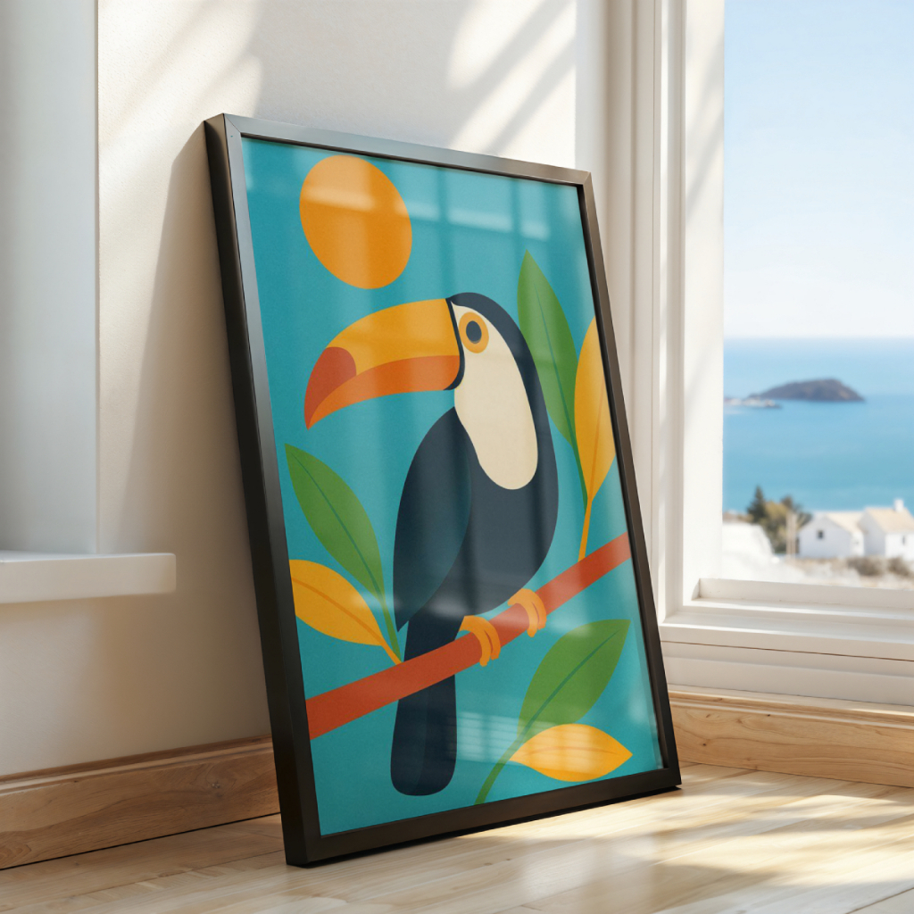 Quadro Tucano 30 x 42 cm aplicado em ambiente decorado