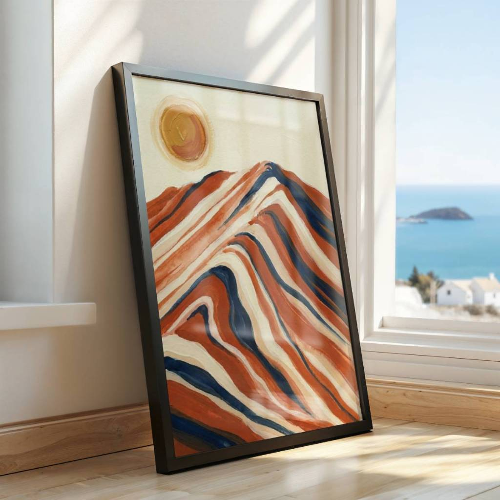 Quadro minimalista Sol e Montanha 30 x 42 cm em ambiente decorado