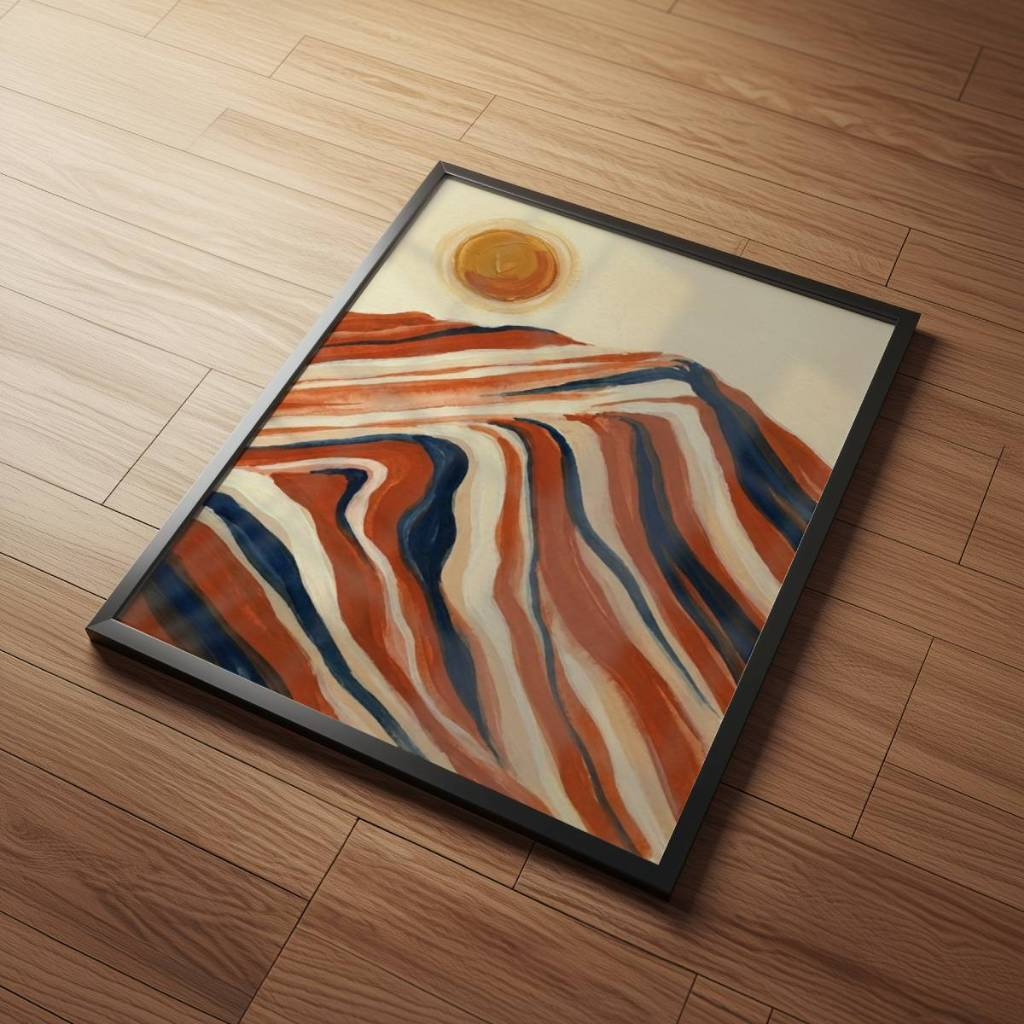 Arte minimalista Sol e Montanha 30 x 42 cm com moldura