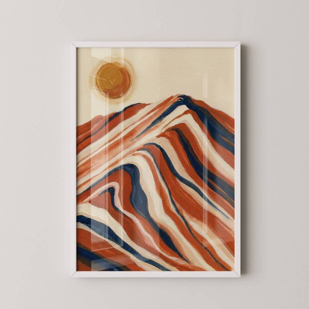 Quadro Sol e Montanha 30 x 42 cm com moldura branca