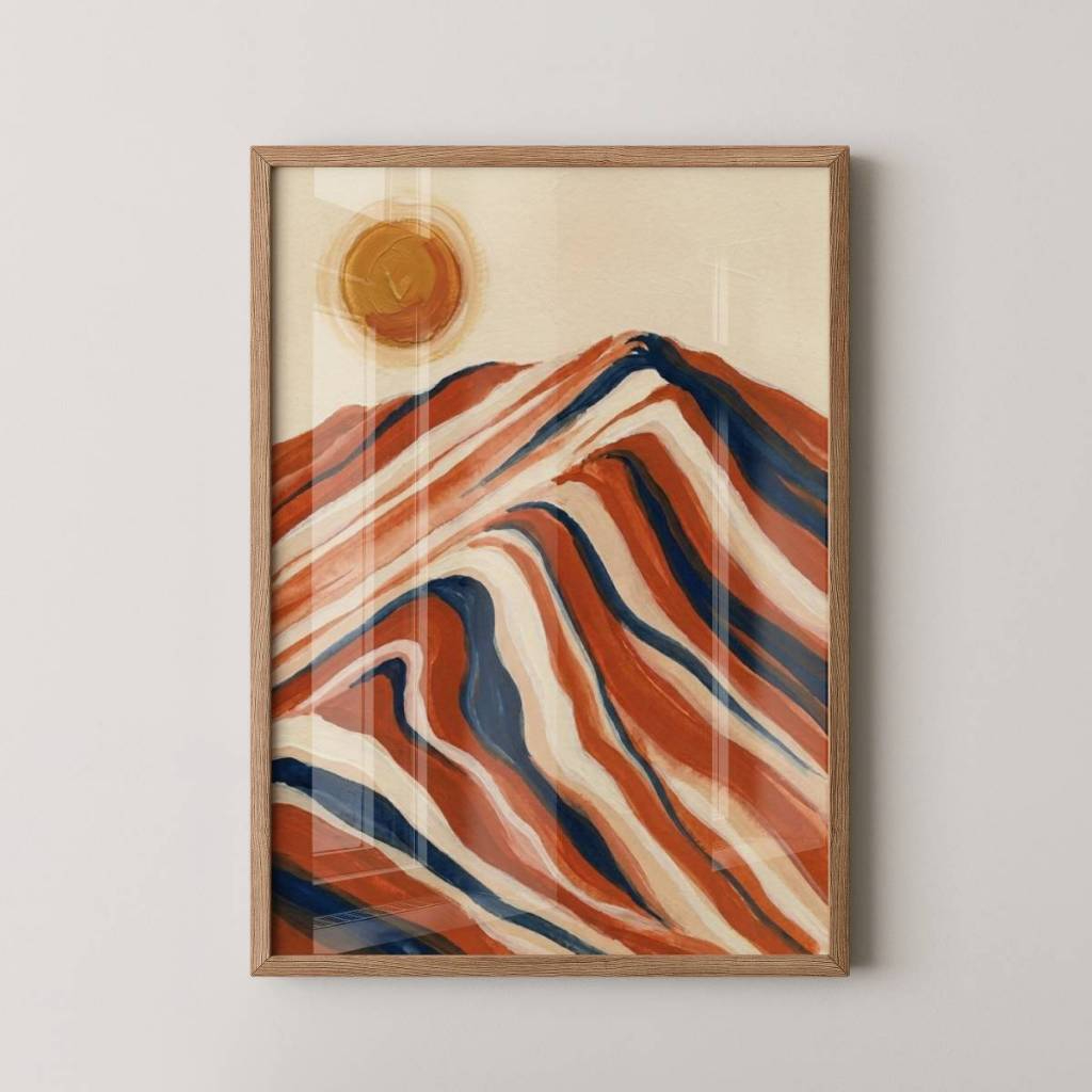 Quadro Sol e Montanha 30 x 42 cm com moldura carvalho