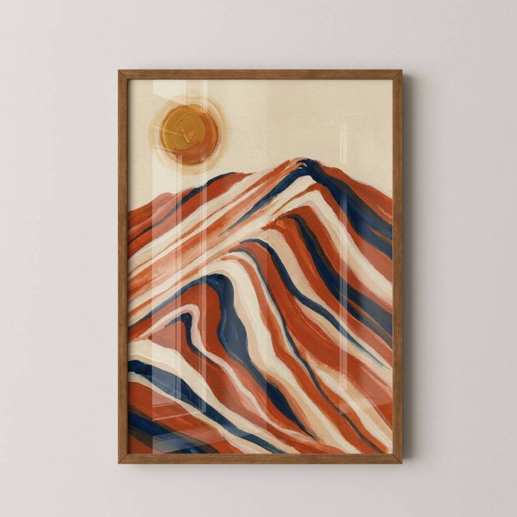 Quadro Sol e Montanha 30 x 42 cm com moldura marrom