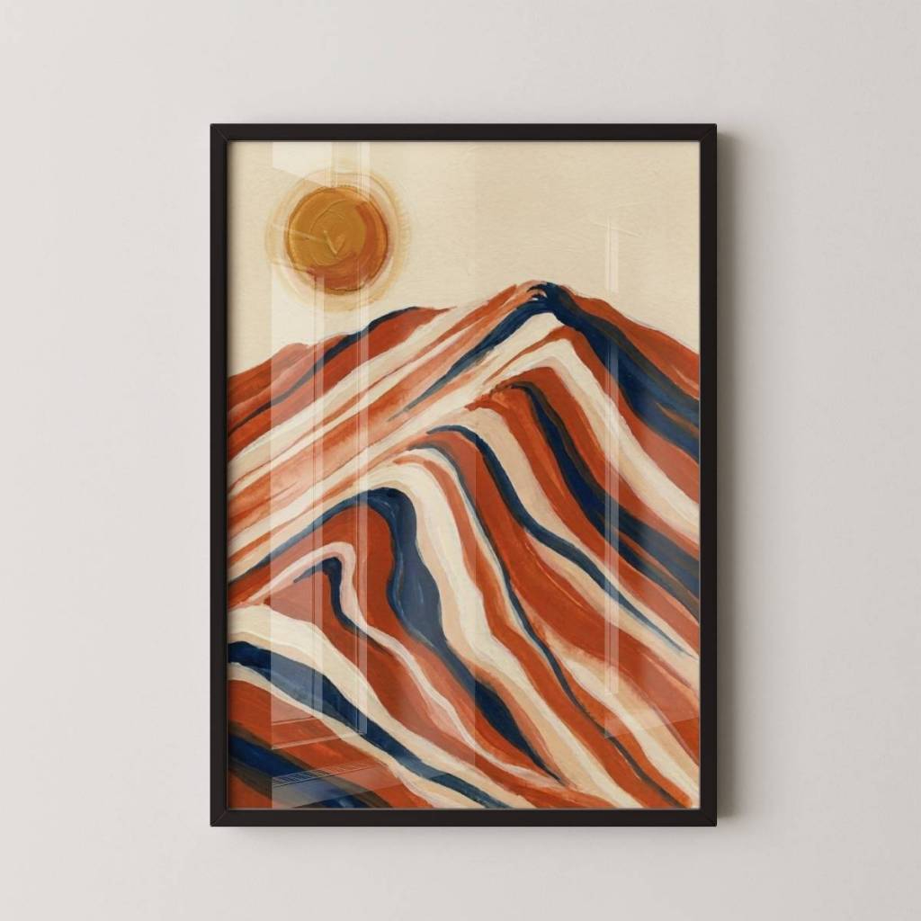 Quadro Sol e Montanha 30 x 42 cm com moldura preta