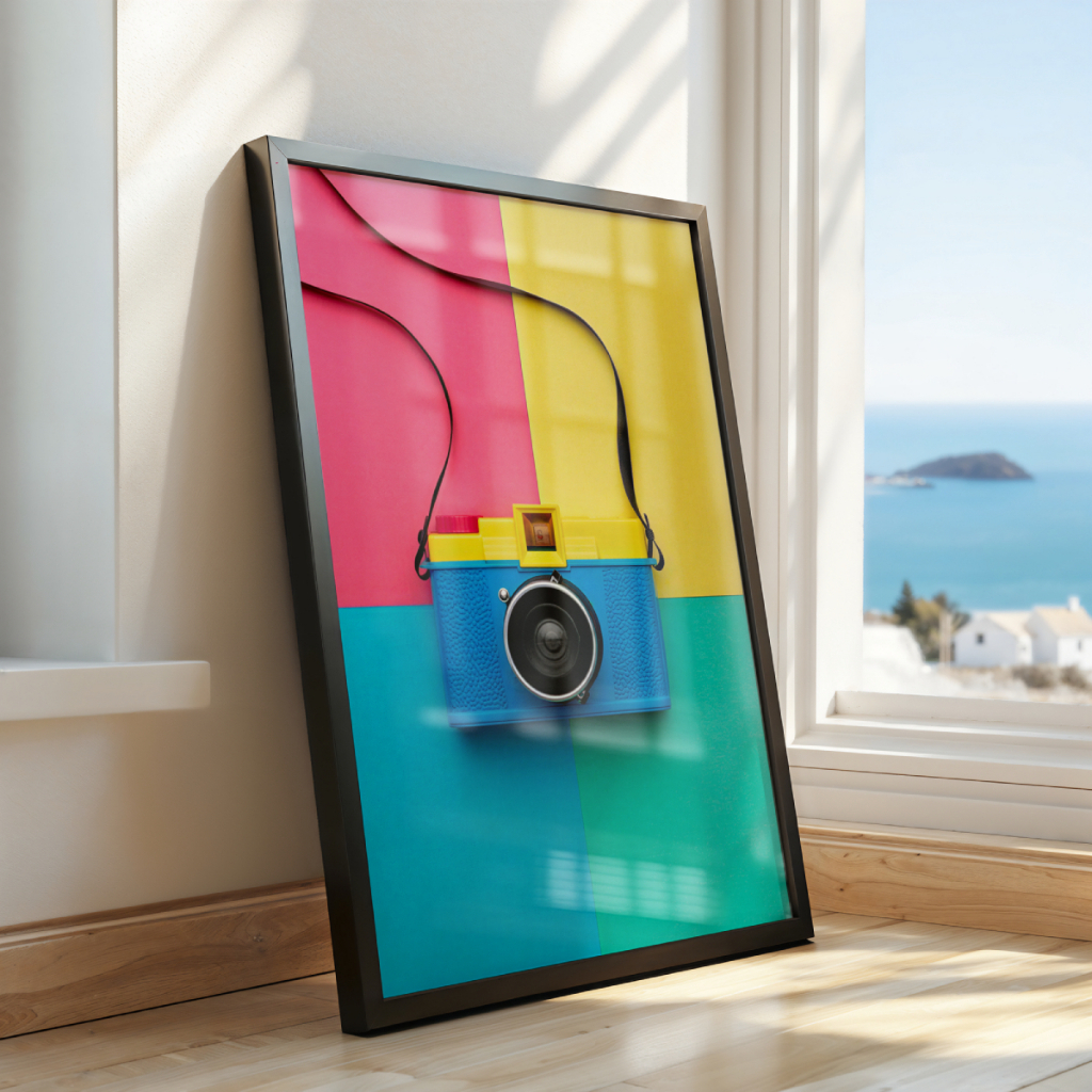 Quadro Câmera Retrô Arte Pop 30 x 42 cm em ambiente decorado