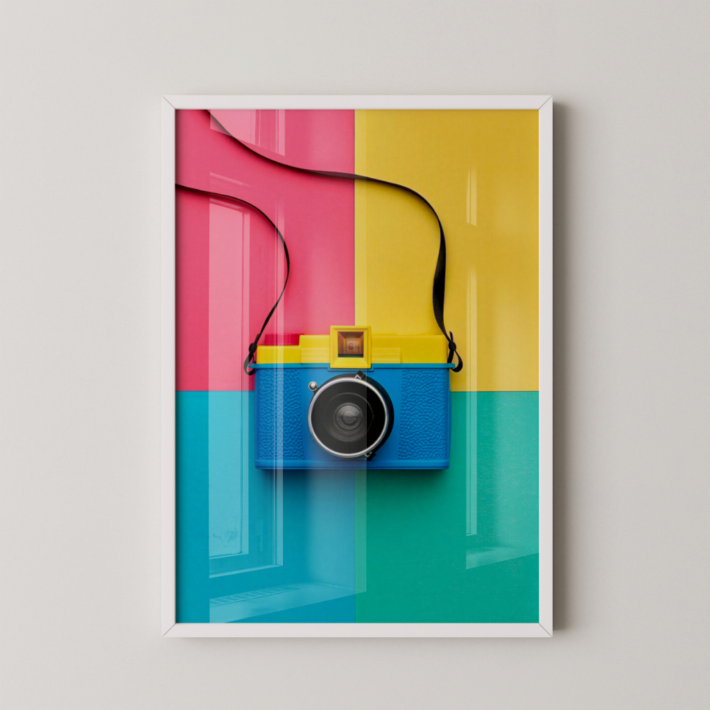 Quadro Câmera Retrô 30 x 42 cm com moldura branca