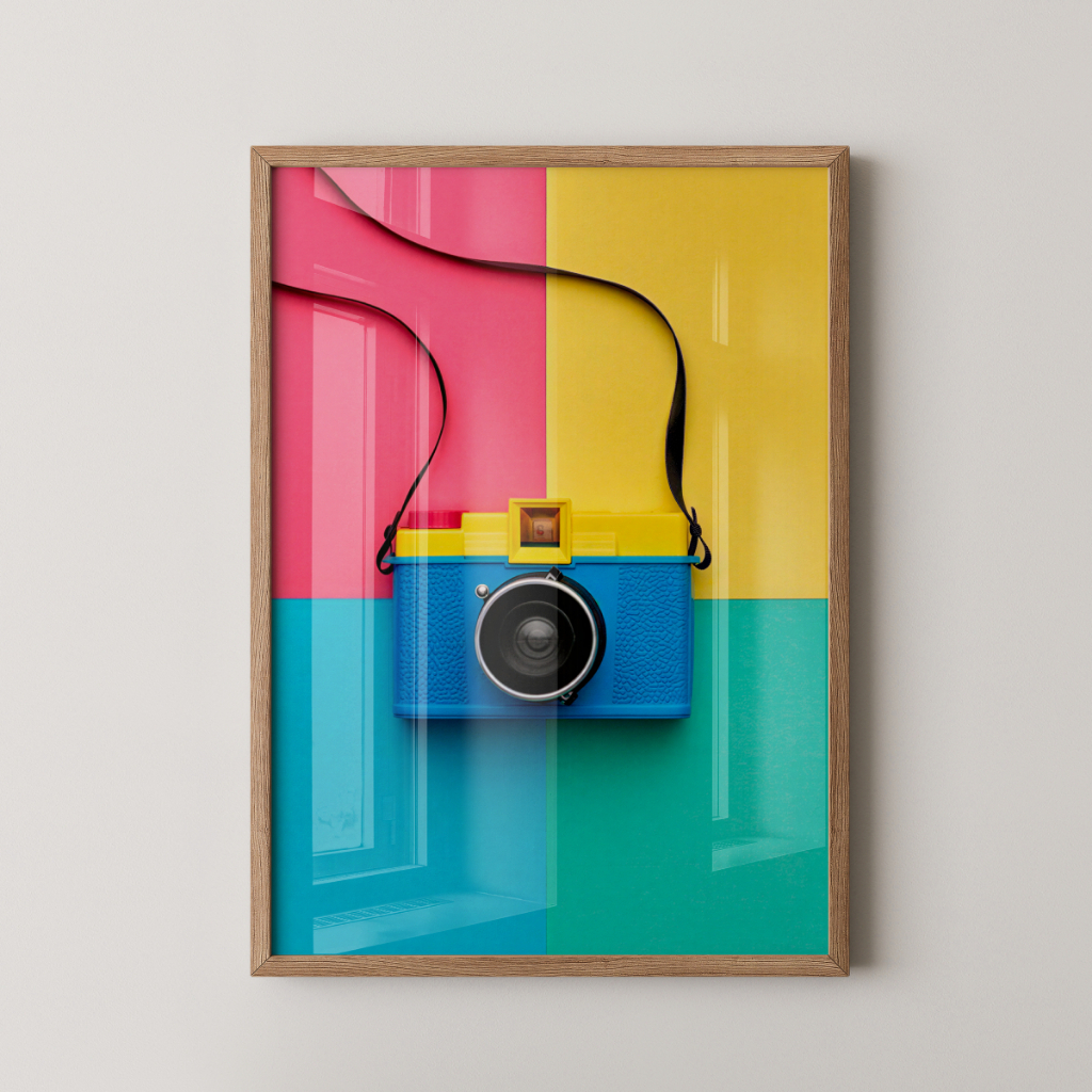 Quadro Câmera Retrô 30 x 42 cm com moldura carvalho