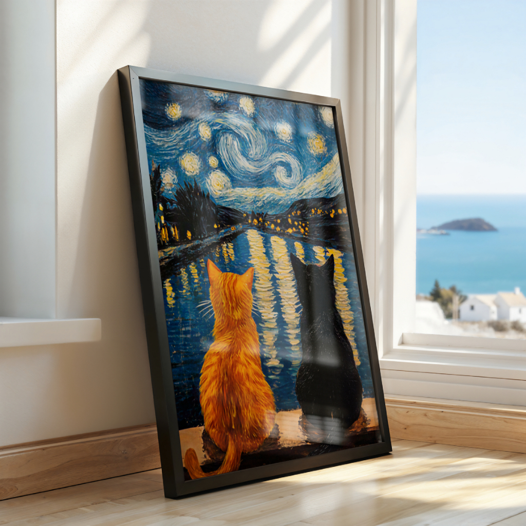 Quadro Gatos Noite Estrelada 30 x 42 cm em ambiente decorado