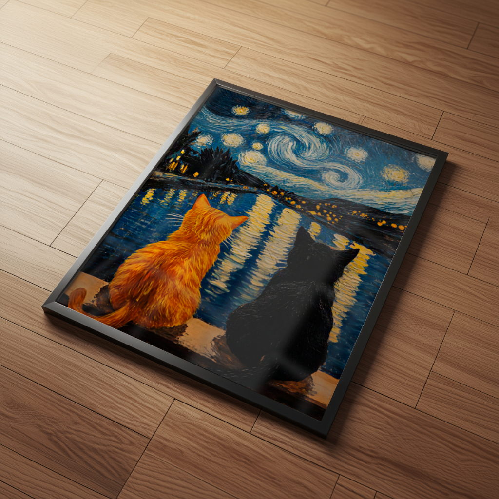 Arte Gatos Noite Estrelada inspirada em Van Gogh 30 x 42 cm