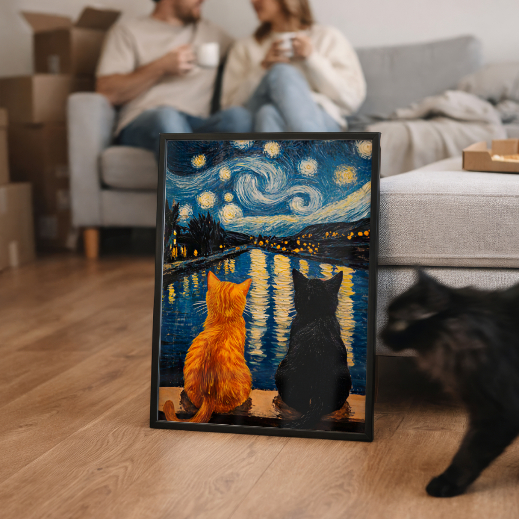 Quadro Decorativo Gatos Noite Estrelada Van Gogh 30 x 42 cm