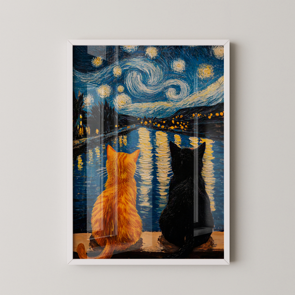 Quadro Gatos Noite Estrelada 30 x 42 cm com moldura branca