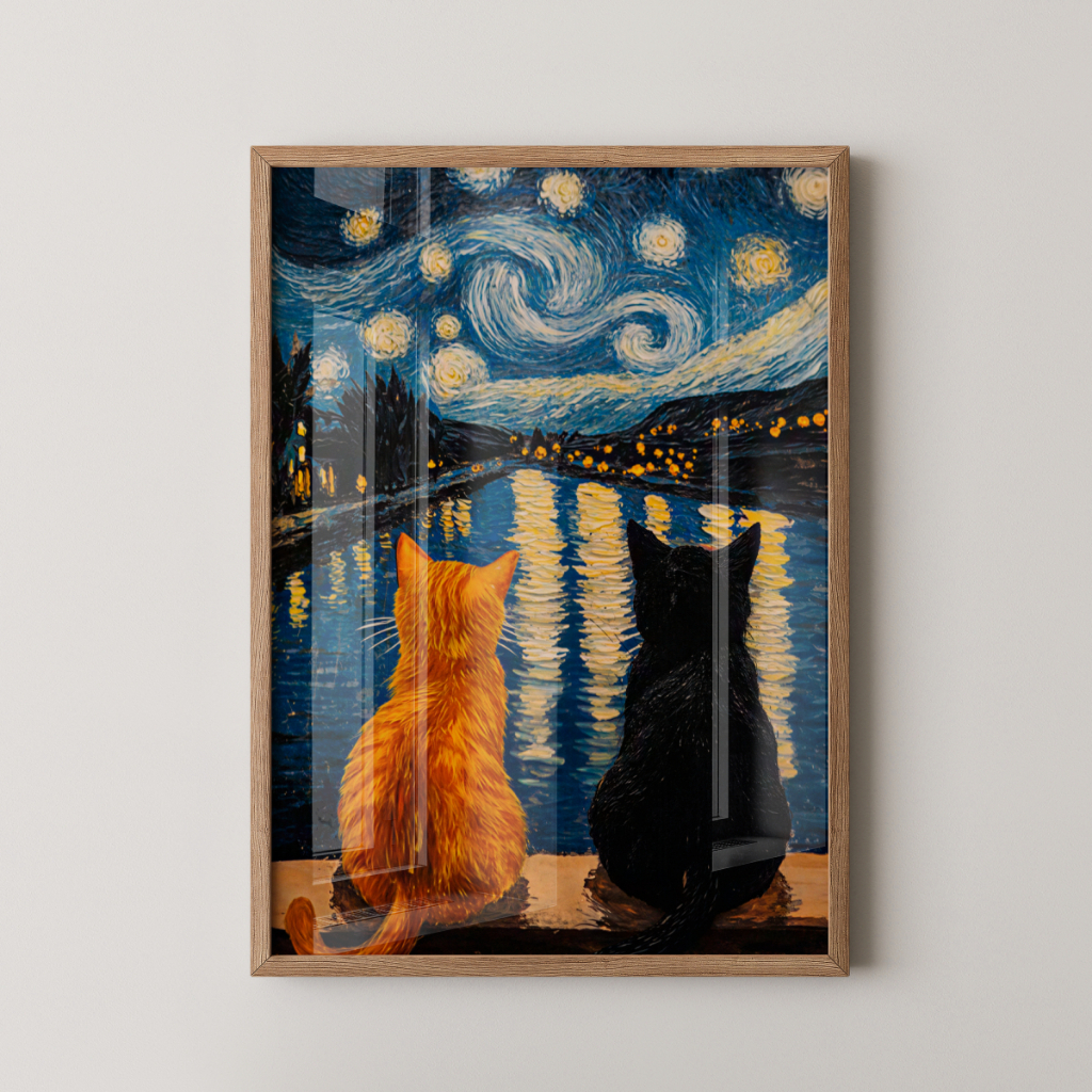 Quadro Gatos Noite Estrelada 30 x 42 cm com moldura carvalho