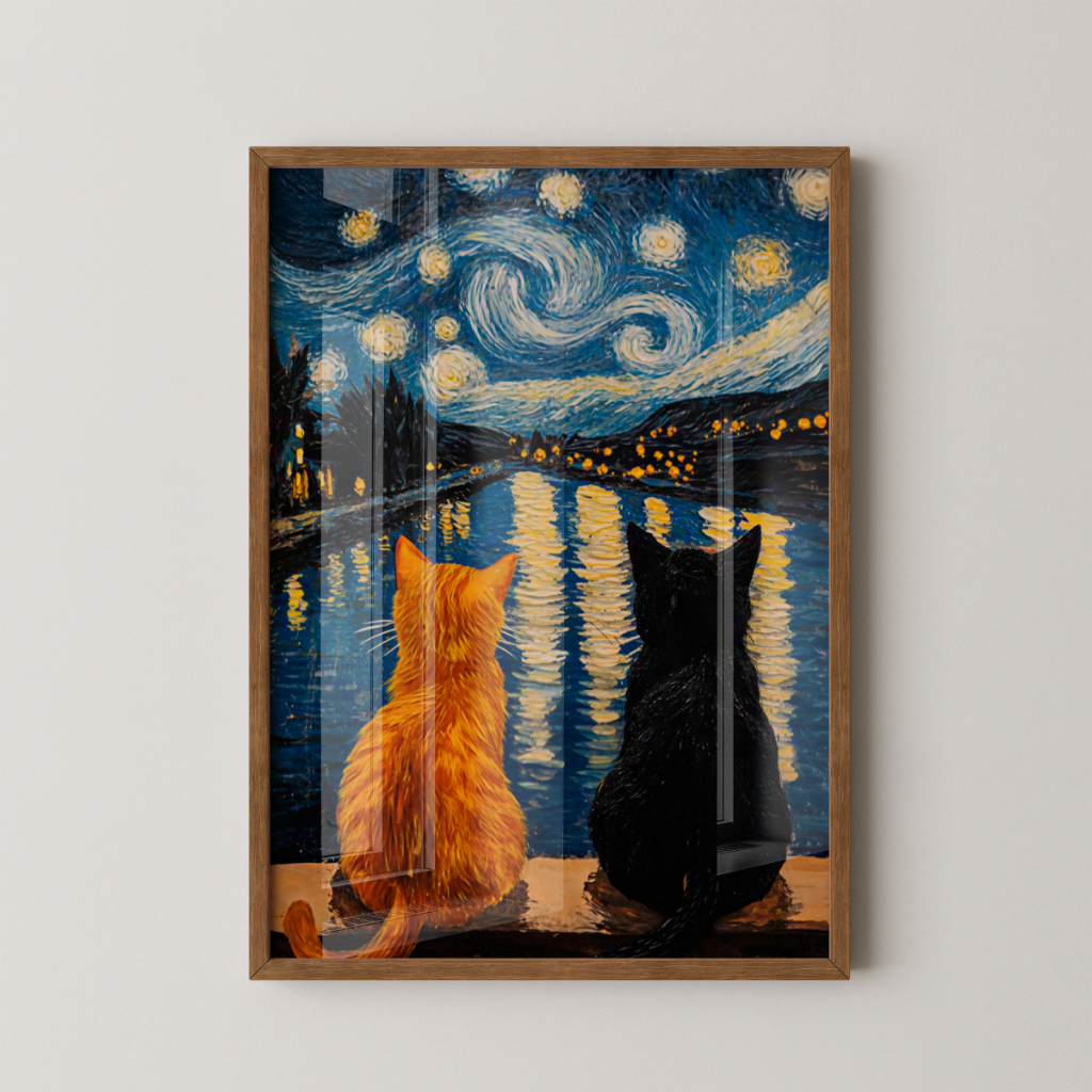 Quadro Gatos Noite Estrelada 30 x 42 cm com moldura marrom