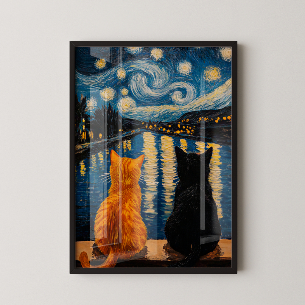 Quadro Gatos Noite Estrelada 30 x 42 cm com moldura preta