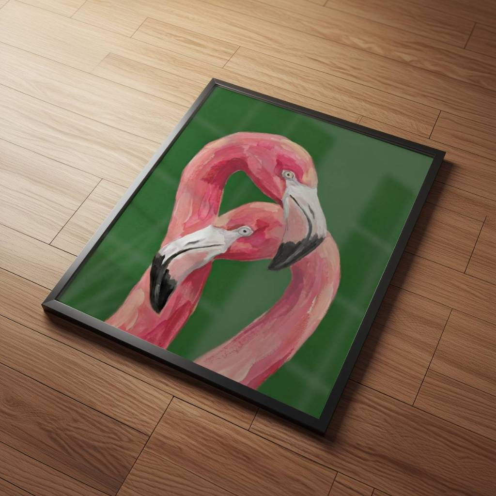 Arte Minimalista Casal de Flamingos 30 x 42 cm com moldura
