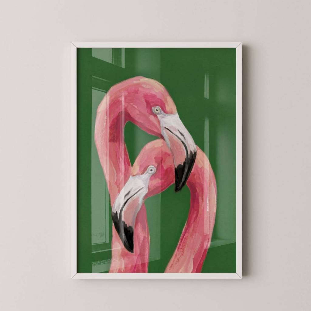 Quadro Casal de Flamingos 30 x 42 cm com moldura branca