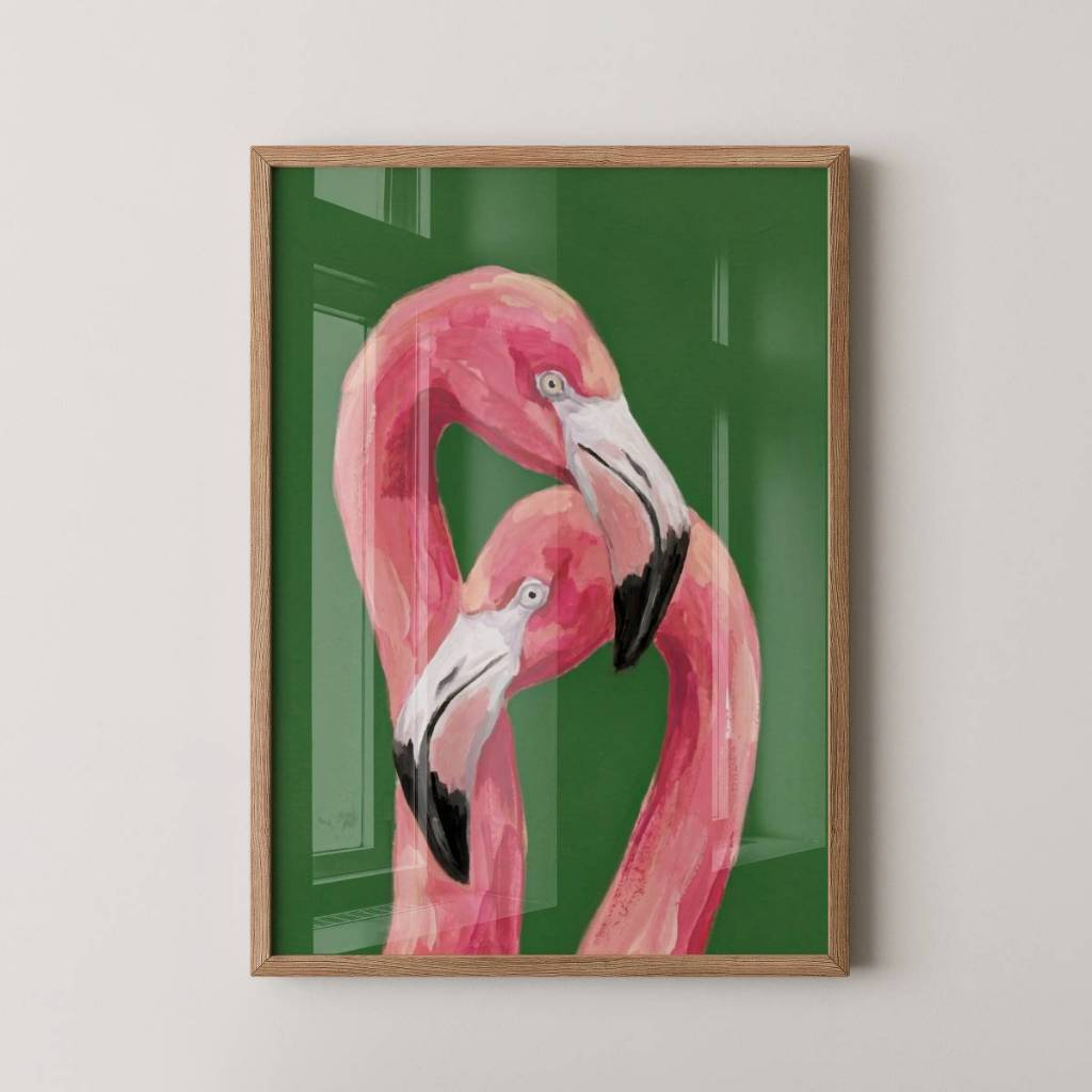 Quadro Casal de Flamingos 30 x 42 cm com moldura carvalho