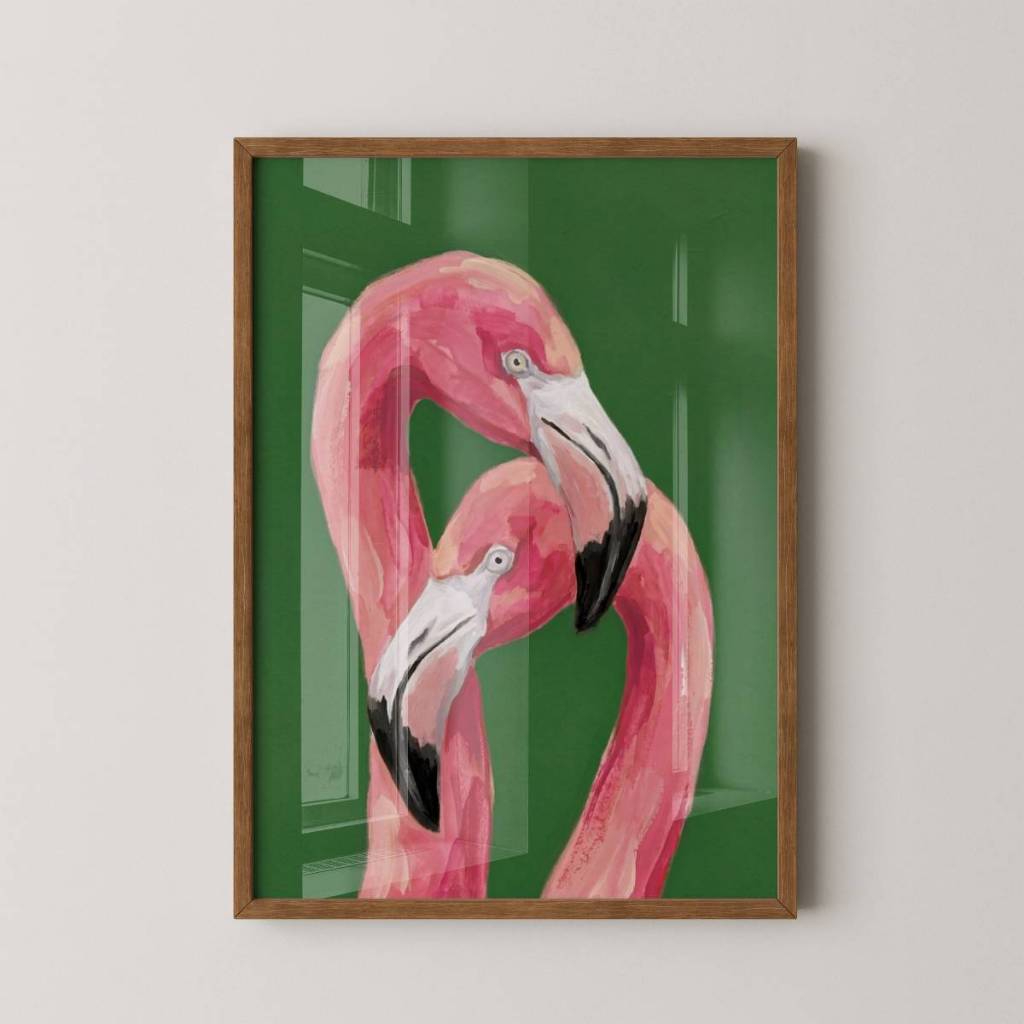 Quadro Casal de Flamingos 30 x 42 cm com moldura marrom