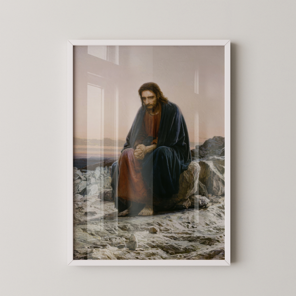 Quadro Jesus Cristo no Deserto 30 x 42 cm com moldura branca
