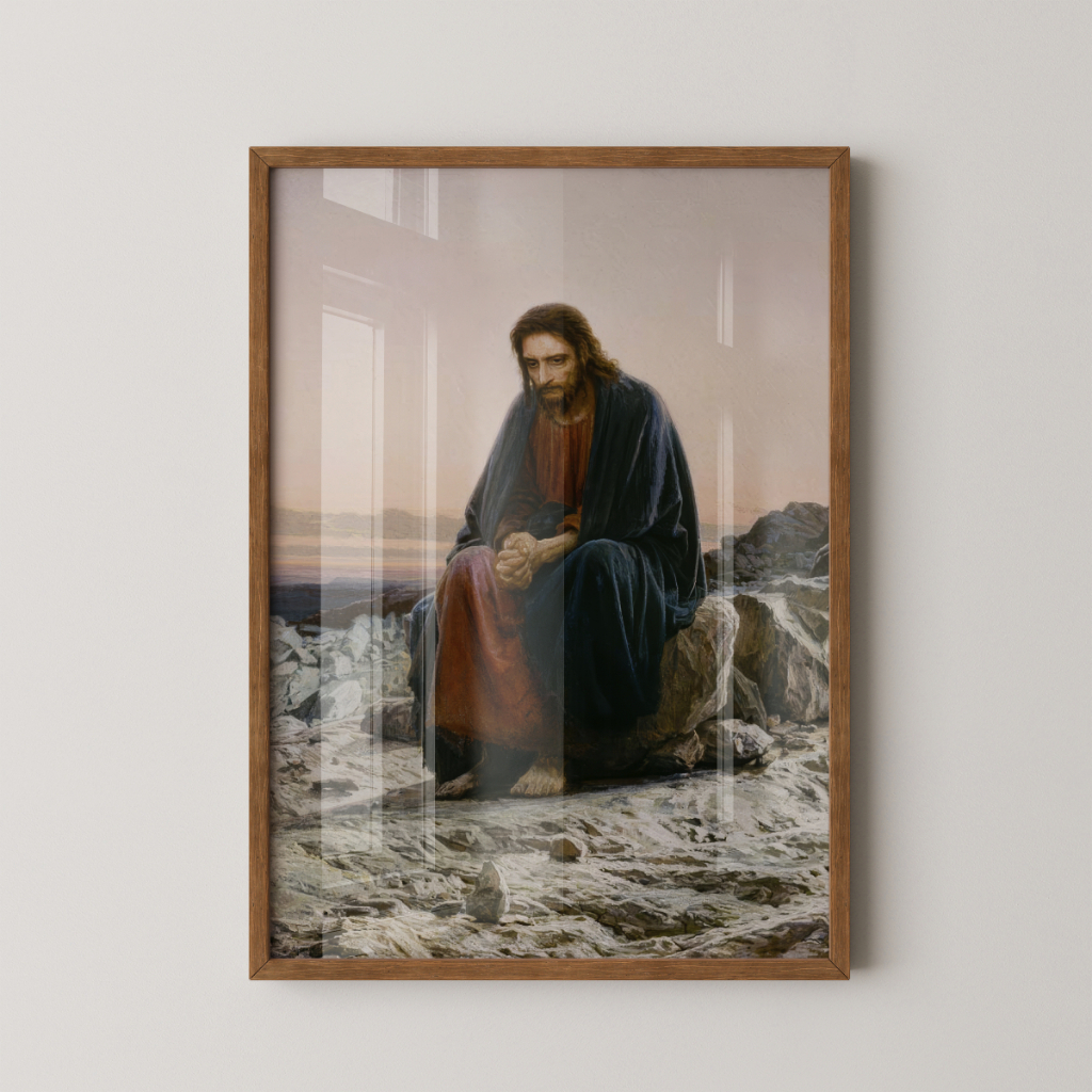 Quadro Jesus Cristo no Deserto 30 x 42 cm com moldura marrom
