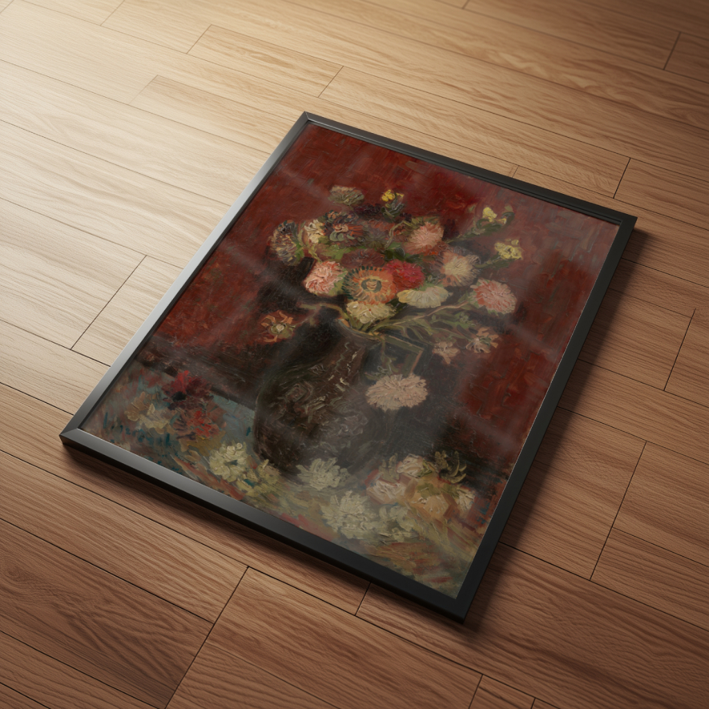 Arte Vaso com Ásteres Chineses Van Gogh 30 x 42 cm com moldura