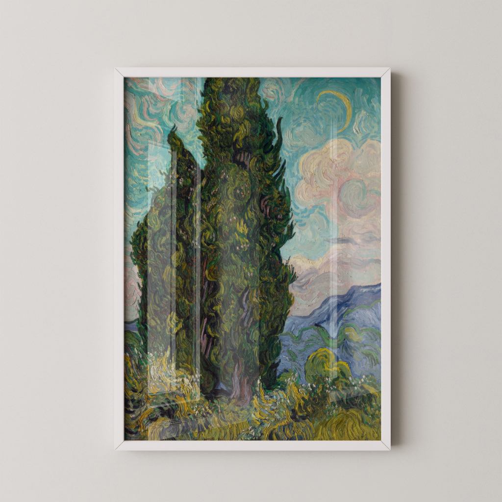 Quadro Van Gogh Ciprestes 30 x 42 cm com moldura branca