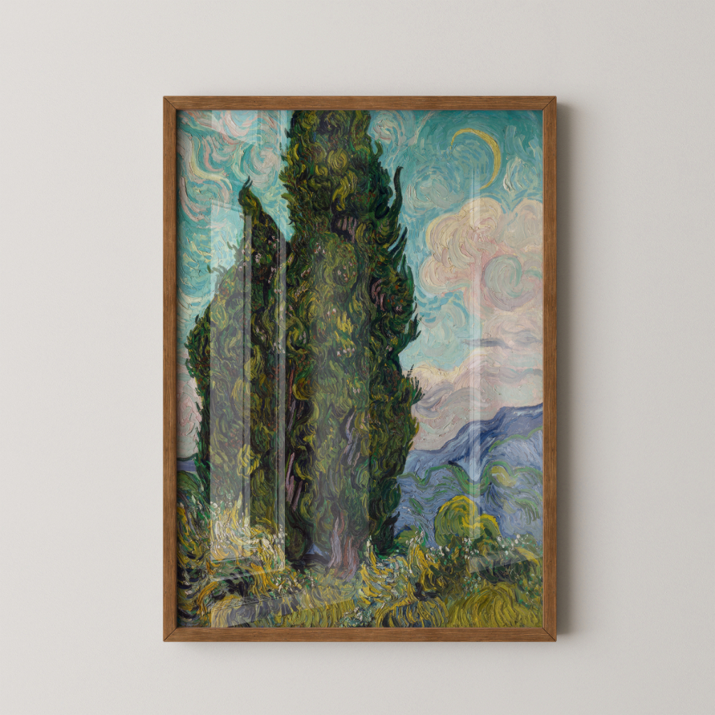 Quadro Van Gogh Ciprestes 30 x 42 cm com moldura marrom