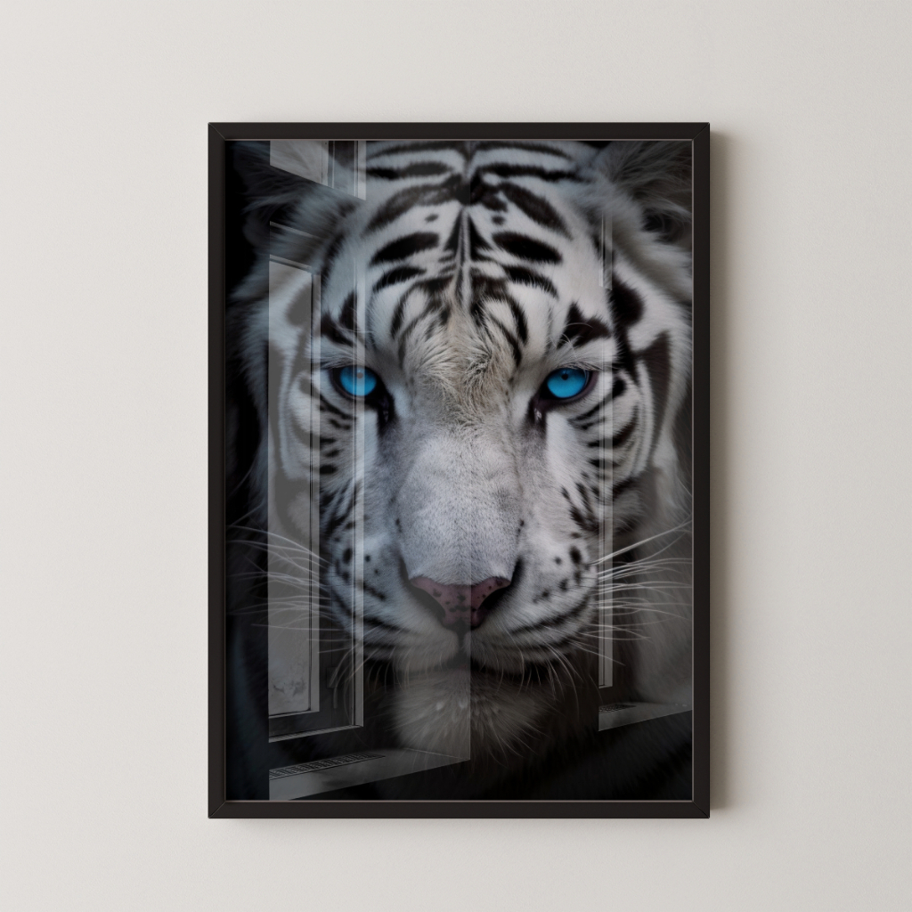 Quadro Decorativo Tigre Branco 30 x 42 cm com moldura