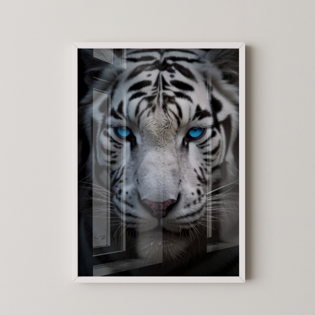 Quadro Tigre Branco 30 x 42 cm com moldura branca
