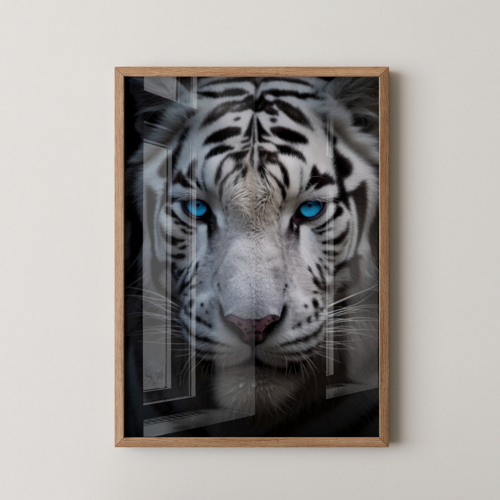 Quadro Tigre Branco 30 x 42 cm com moldura carvalho