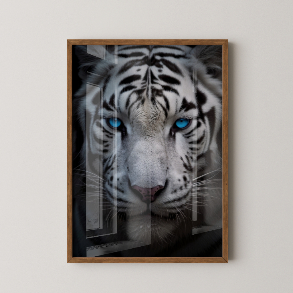 Quadro Tigre Branco 30 x 42 cm com moldura marrom