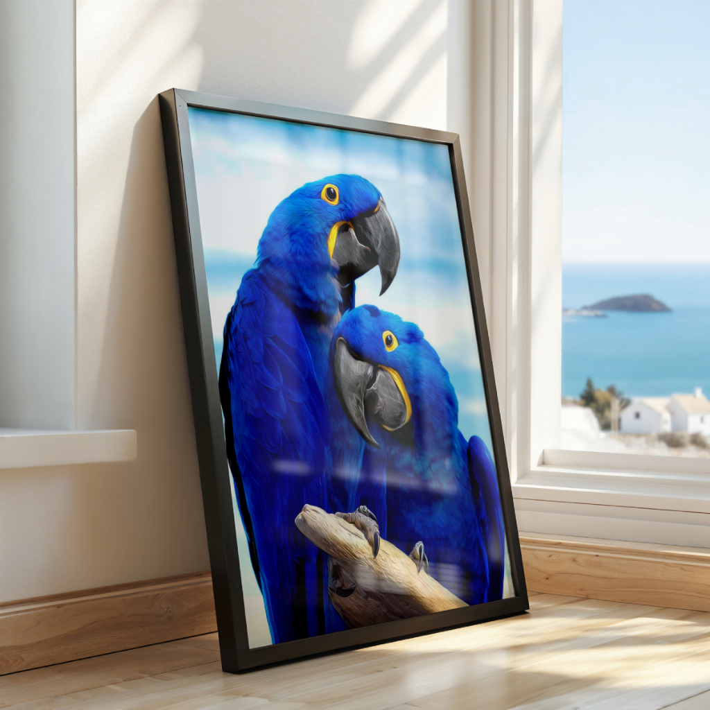 Quadro Arara Azul 30 x 42 cm em ambiente decorado