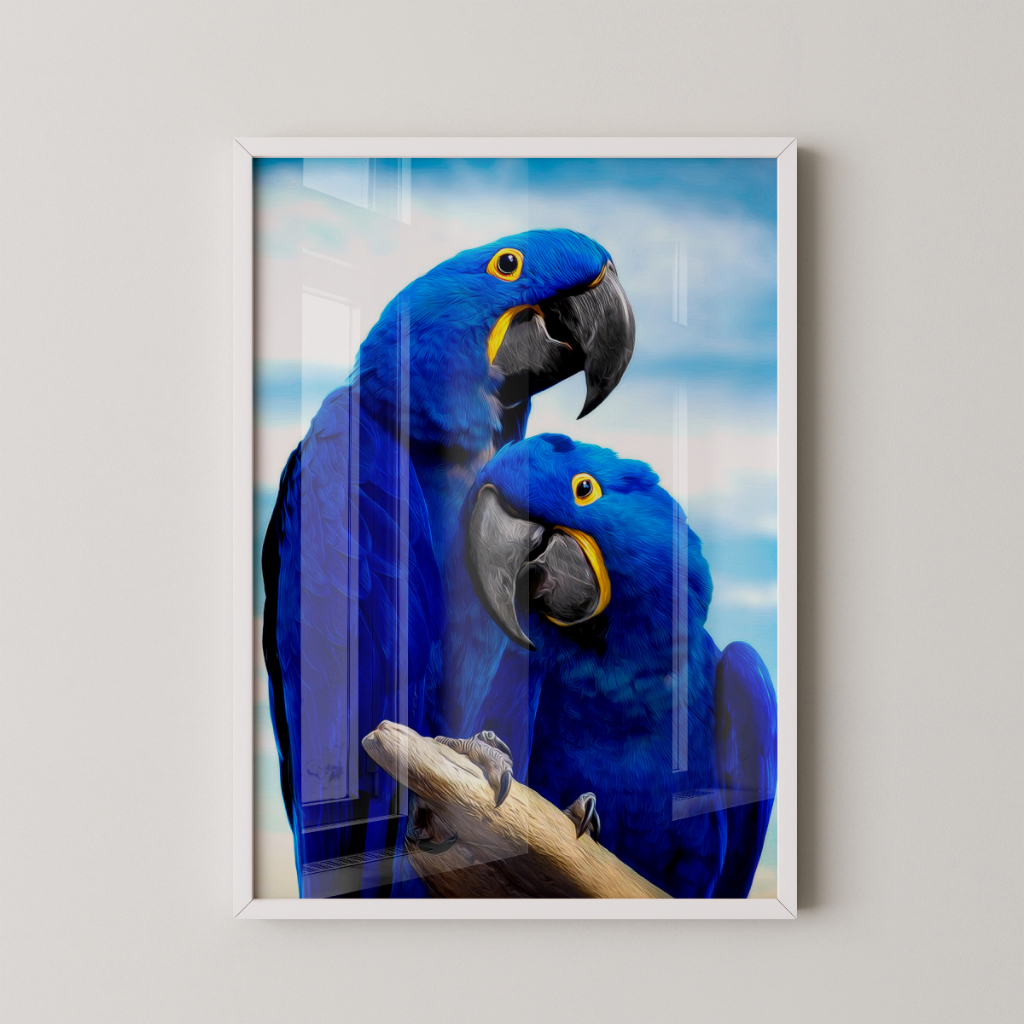 Quadro Arara Azul 30 x 42 cm com moldura branca