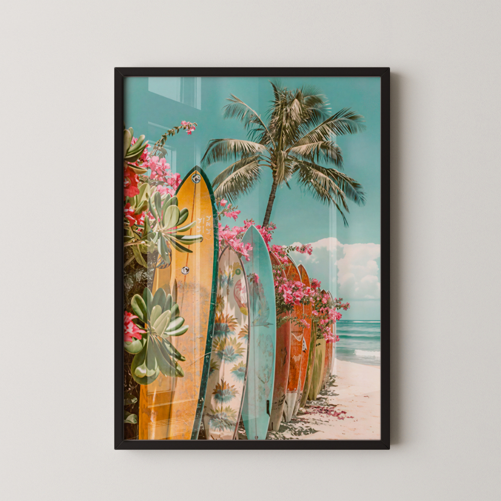 Quadro Decorativo Praia Pranchas de Surf 30 x 42 cm com moldura