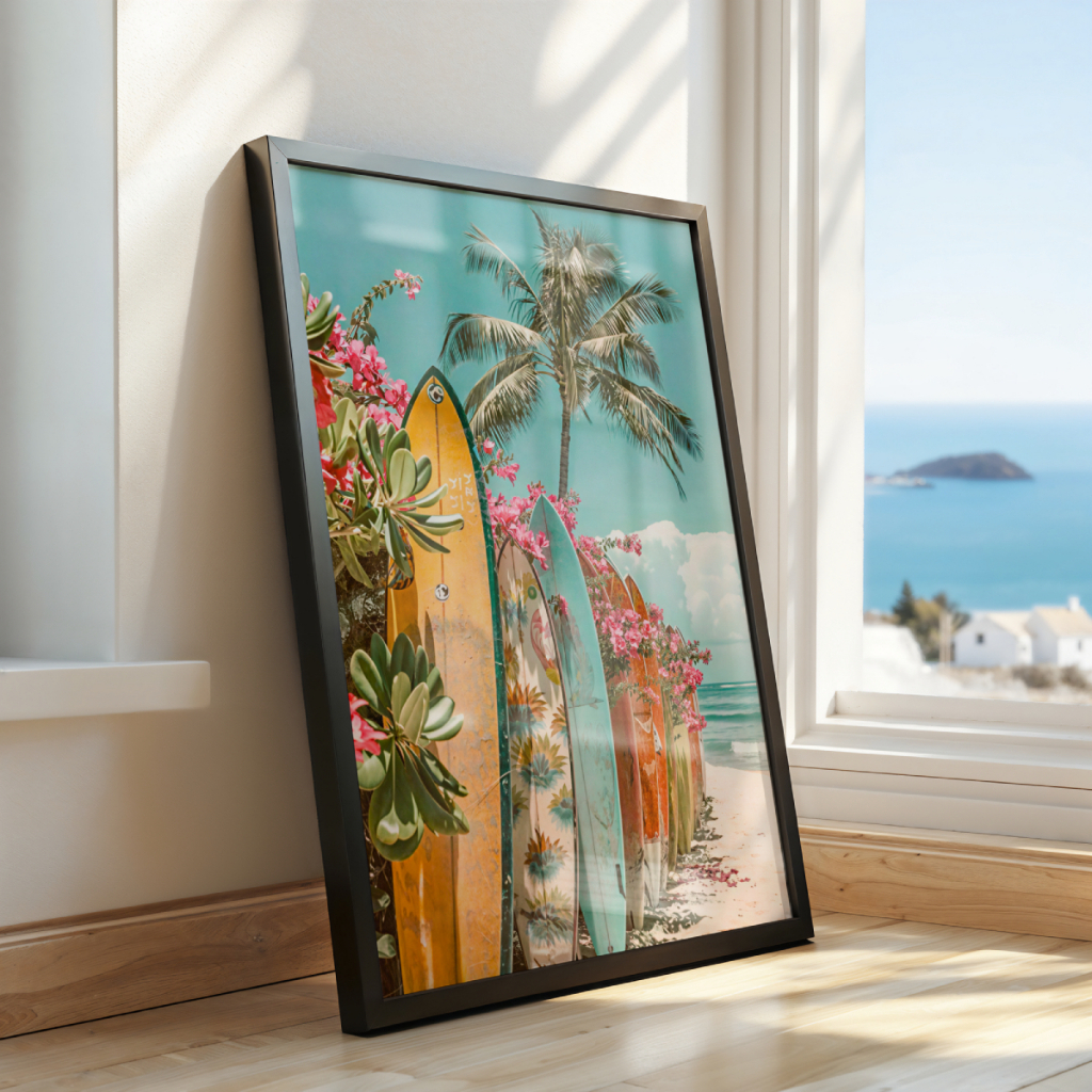 Quadro Praia e Pranchas de Surf 30 x 42 cm em ambiente decorado