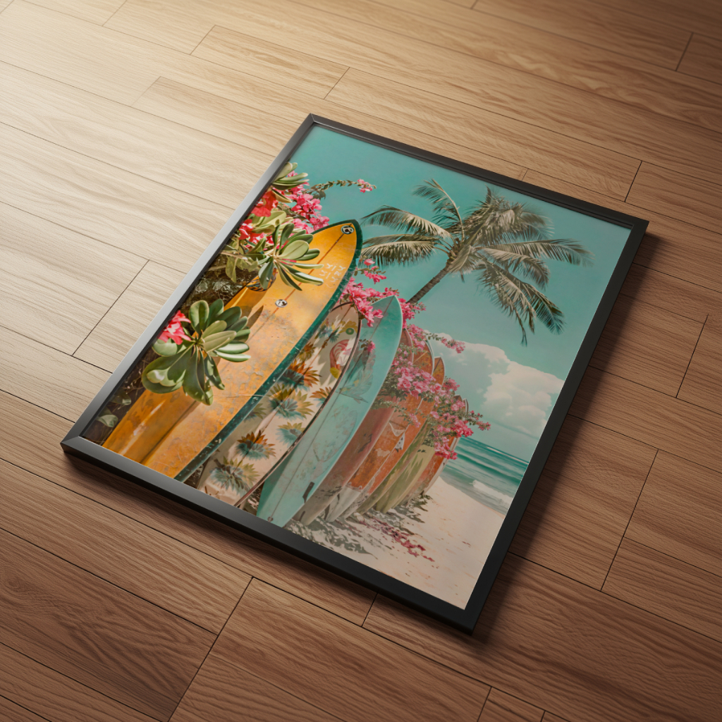 Paisagem Praia Pranchas de Surf 30 x 42 cm com moldura