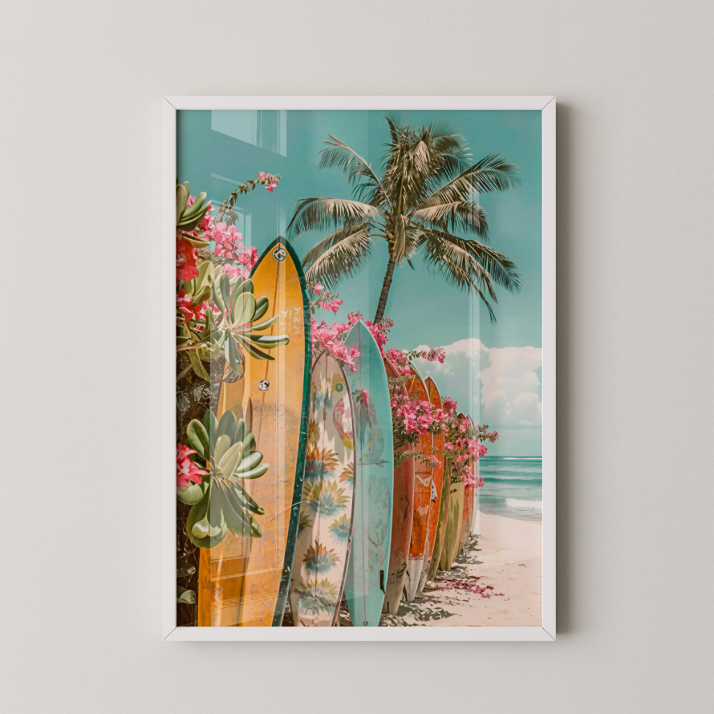 Quadro Praia Pranchas Surf 30 x 42 cm com moldura branca